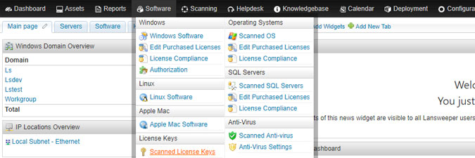 Scanned License Keys menu