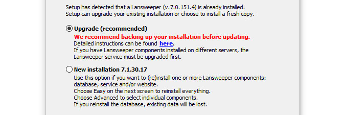 Upgrade option in the installer to update Lansweeper