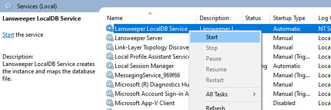 starting the Lansweeper LocalDB service