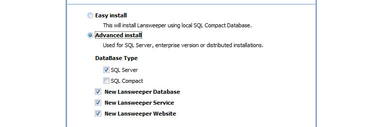 performing an Advanced Lansweeper installation to migrate SQL Compact database to SQL Server