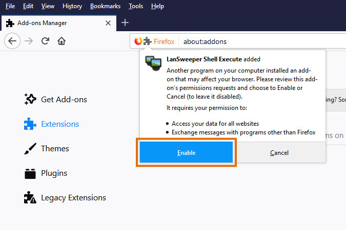 confirmation enabling Lansweeper extension for Firefox