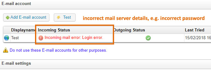 incoming mail error, login error