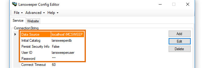 Lansweeper database ConnectionString