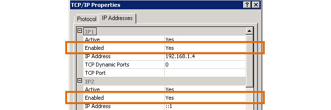 enabling TCP/IP IP addresses in SQL Server Configuration Manager