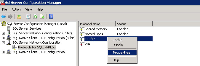 checking TCP/IP properties in SQL Server Configuration Manager