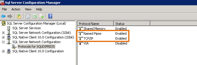 checking protocols in SQL Server Configuration Manager
