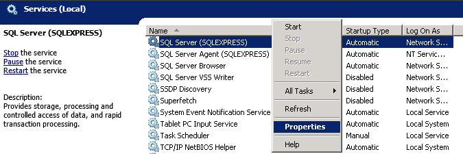 checking SQL service properties in Windows Services