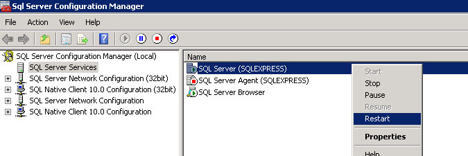 restarting SQL service in SQL Server Configuration Manager