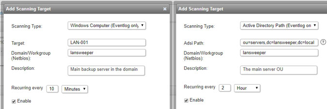Eventlog Only scanning target settings