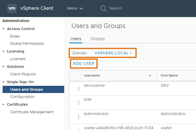 vCenter users and groups