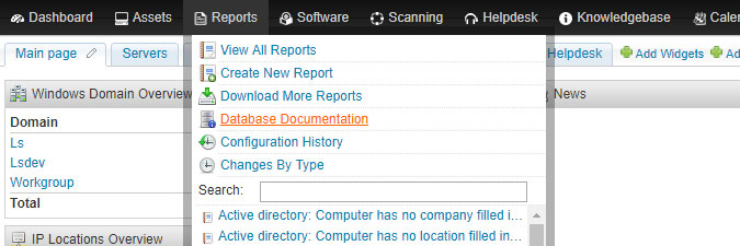 Database Documentation menu