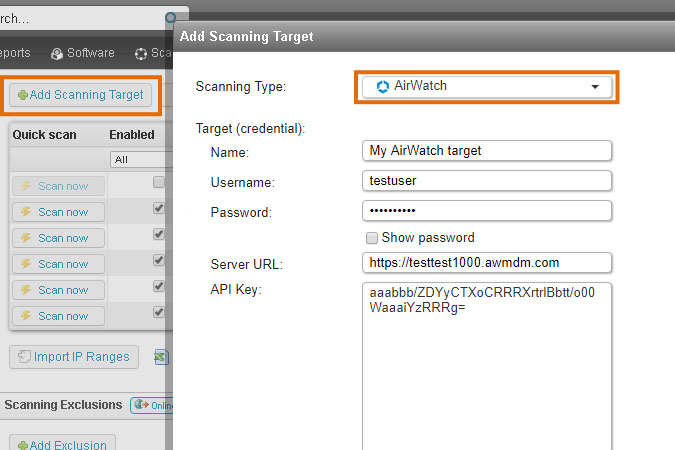 creating an AirWatch scanning target