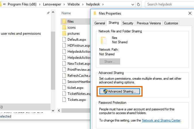 Advanced Sharing Windows folder to resolve ticket attachment loading issues
