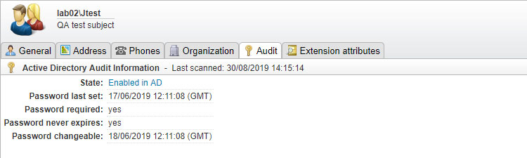 Active Directory user Audit tab