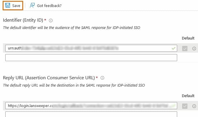 Azure AD save basic SAML configuration