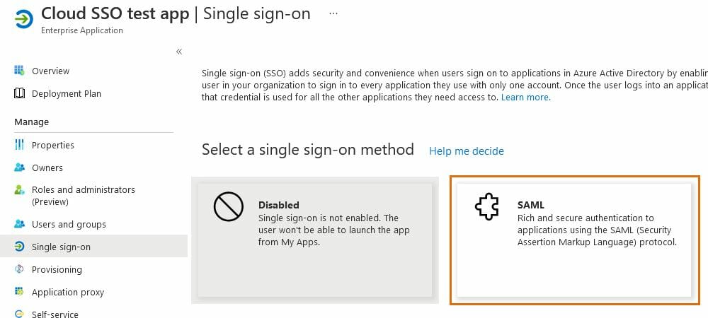 enable SAML SSO in Azure AD app