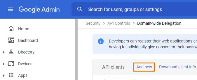 Google Admin add new API client