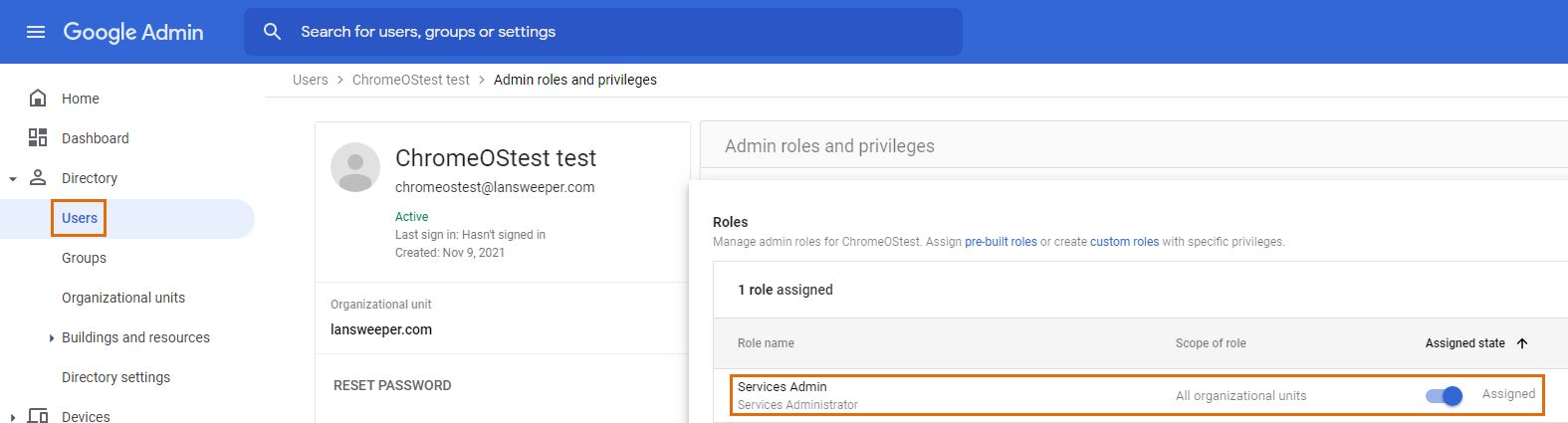 Google Admin Services Admin user