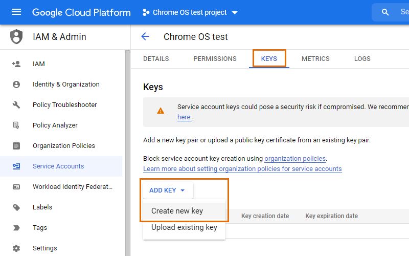 Google Cloud Platform create service account key