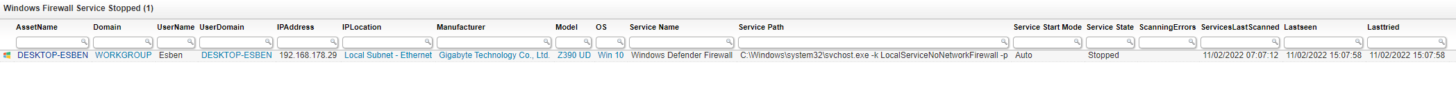 Windows firewall Service report